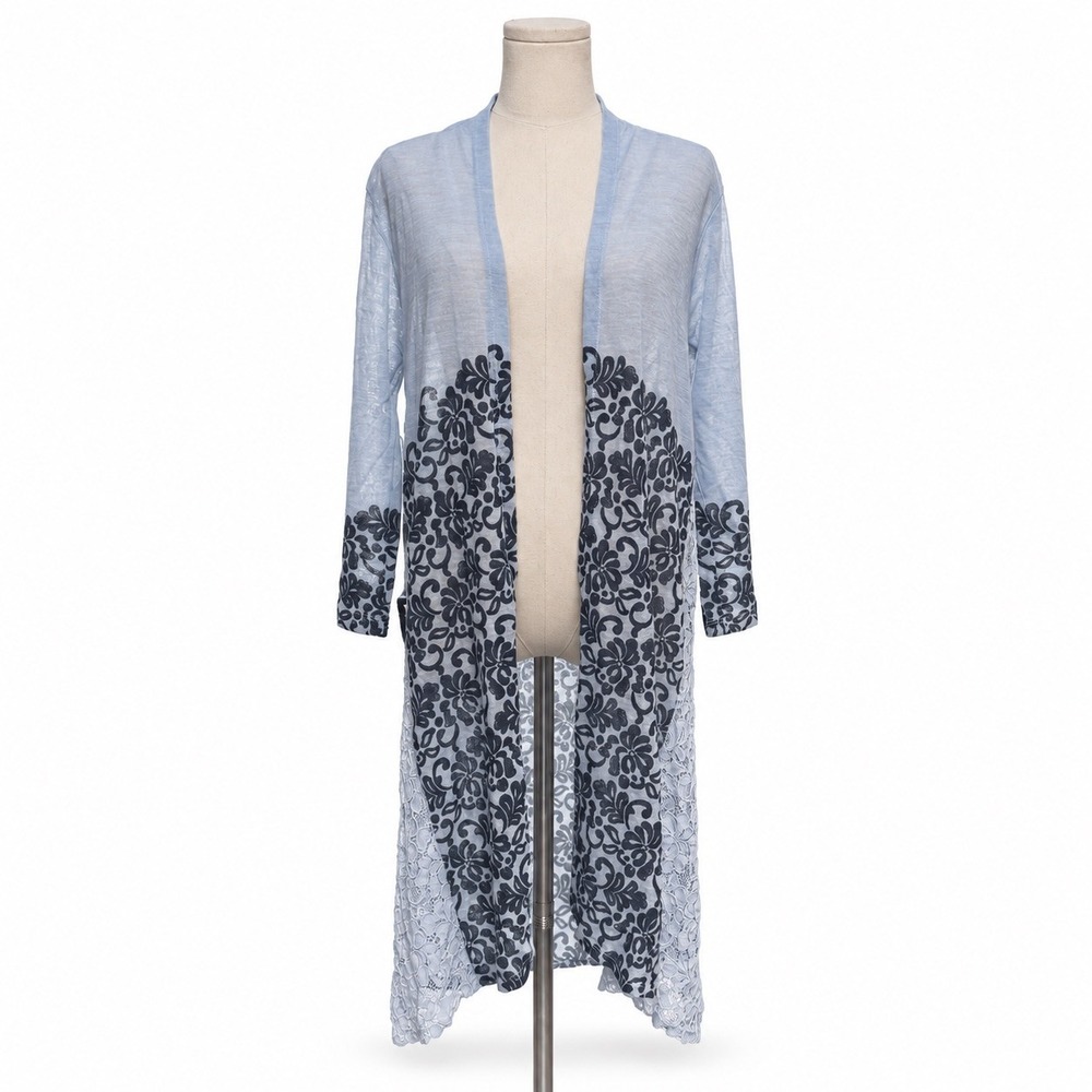 Simply Noelle Floral Lace Longline Cardigan S/M Open Blue Duster Boho Coastal